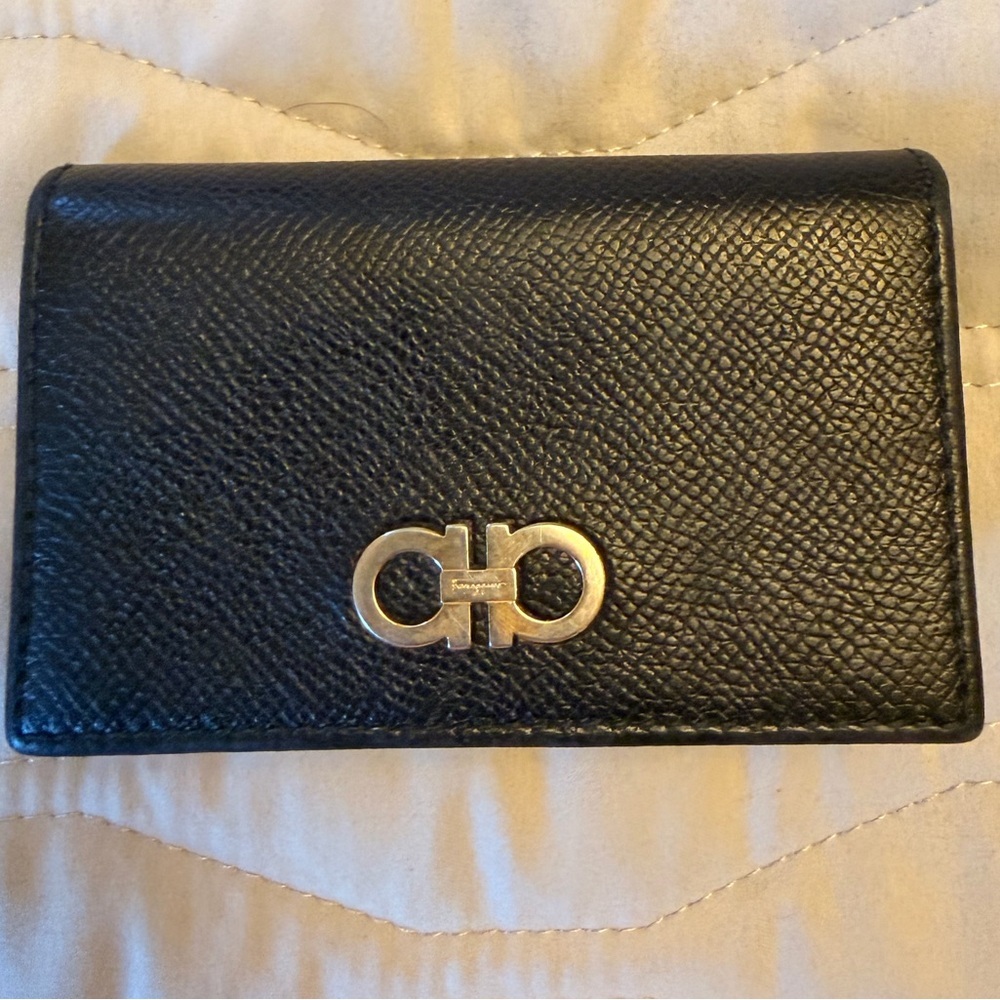 Salvatore Ferragamo Black Leather Card Case with Gold Logo